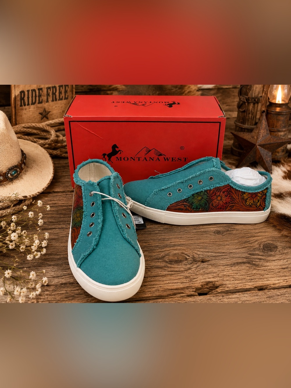 Montana West Turquoise Floral-Tooled Slip-On Platform Sneaker